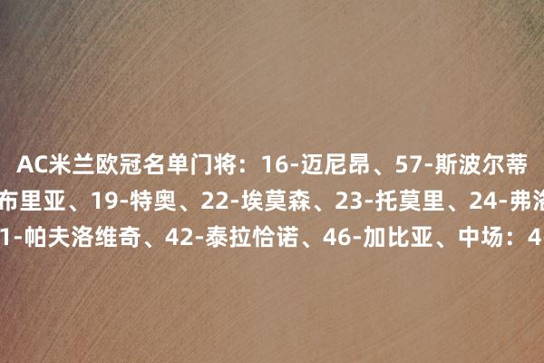 AC米兰欧冠名单门将：16-迈尼昂、57-斯波尔蒂耶洛、后卫：2-卡拉布里亚、19-特奥、22-埃莫森、23-托莫里、24-弗洛伦皆、28-佳夫、31-帕夫洛维奇、42-泰拉恰诺、46-加比亚、中场：4-本坦库尔、8-奇克、14-赖因德斯、29-优素福-福法纳、80-穆萨前卫：7-莫拉塔、10-拉斐尔-莱奥、11-普利西奇、17-奥卡福、21-楚克乌泽、90-亚伯拉罕AC米兰欧冠B名单亚当-巴库恩